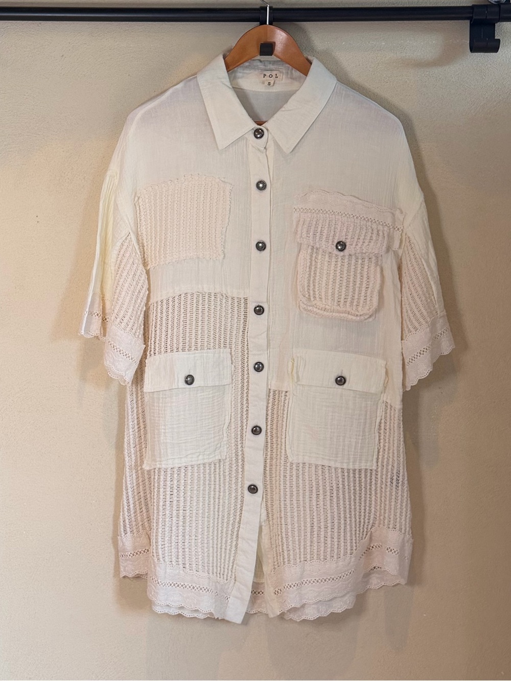 POL Cream Crochet Knit Lace Patchwork Ruffle Cottage Button Collared Top Women S